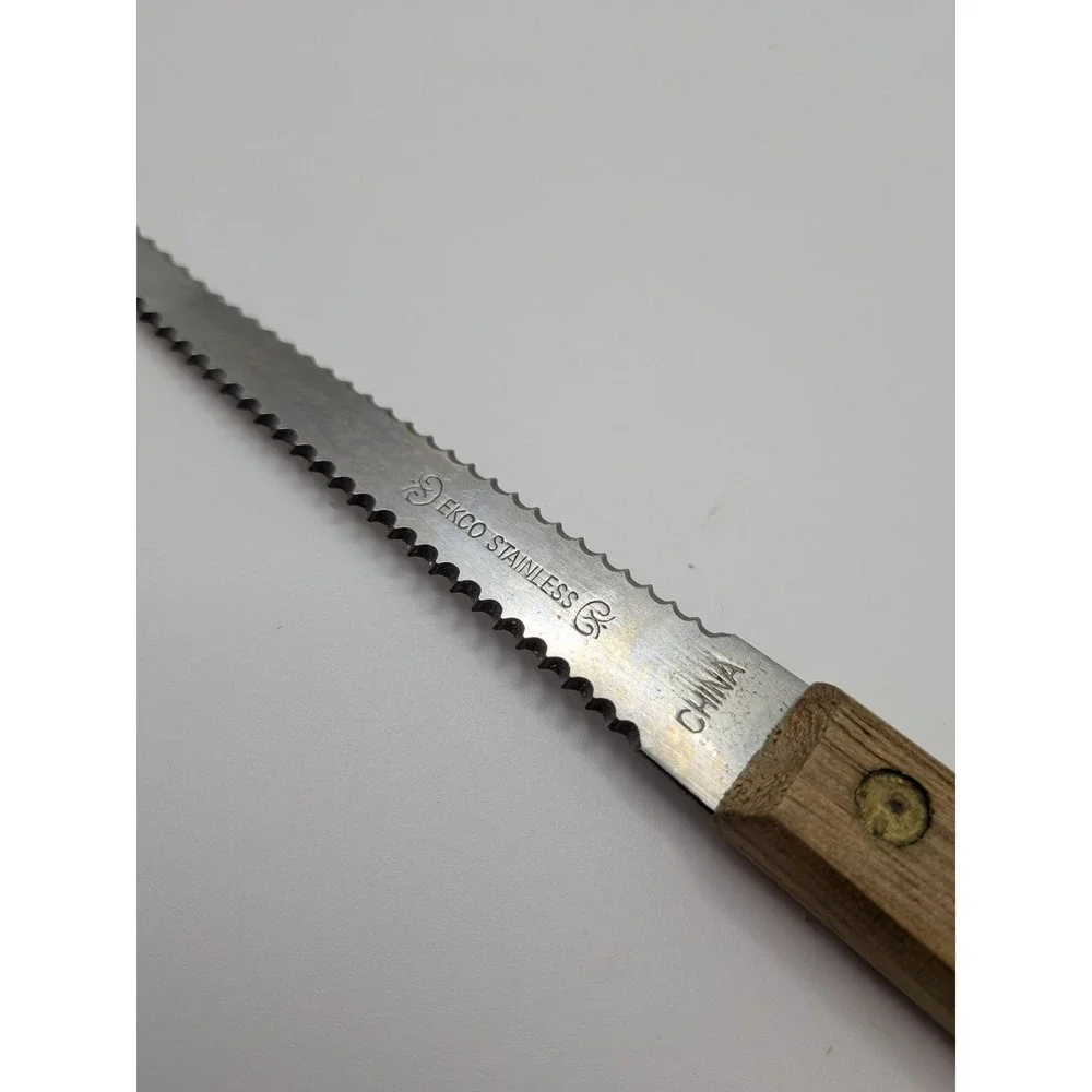 Vintage Ekco Stainless Grapefruit Knife Wood Handle USA Curved Serrated - 7 1/4